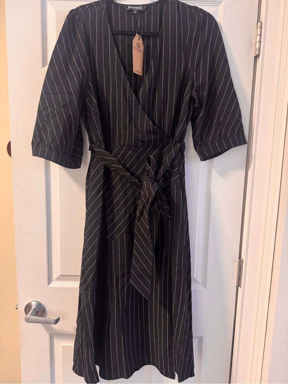 Disturbia Black Pinstripe Wrap Midi Dress